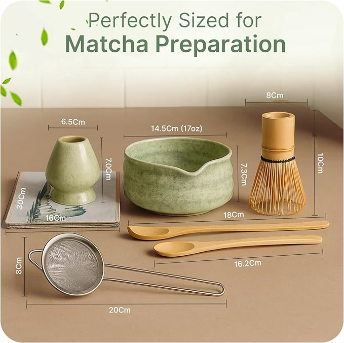 NEKOLA Matcha Whisk Set (7Pcs) Matcha Bowl, Bamboo Whisk, Whisk Holder, Spoon & Scoop, Sifter & Tea Towel Tea Making Ceremony Kit for Matcha Lovers Unique Gifts for Women,Men & Girlfriend