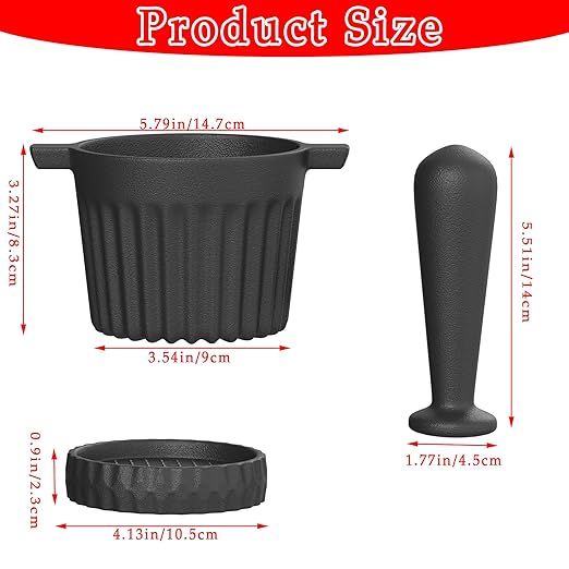 UKEMEN Cast Iron Mortar and Pestle Set, 3-Piece Small Garlic Grater Plate with Brush and Scoop, Heavy Duty Muddler and Bowl Grinder Set Perfect for Guacamole/Spices/Herbs/Solid/Metal/Glass/Rock
