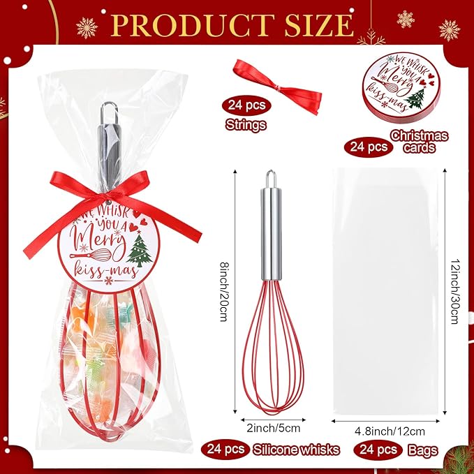 24 Sets 8 Inch Christmas Whisks Gifts DIY Fillable Christmas Tree Ornaments Xmas Colored Silicone Whisks for Cooking Heat Resistant Egg Beaters with Card Rope Bag for Candy Holder