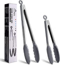 HOTEC Premium Stainless Steel Locking Kitchen Tongs with Silicon Tips, Set of 2-9" and 12" Light Grey