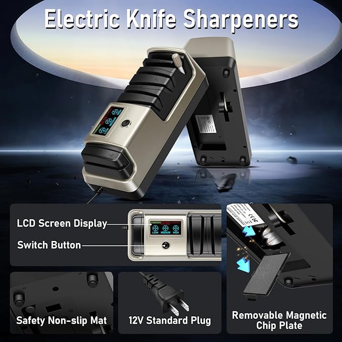 Upgrade 5 in 1 Electric Knife Sharpener with LCD Screen, 3 Rotational Speed Adjustable, 100% Diamond knife sharpener for Straight, Serrated, Meat Cleaver, Ceramic Knives & Scissors, Light Blonde