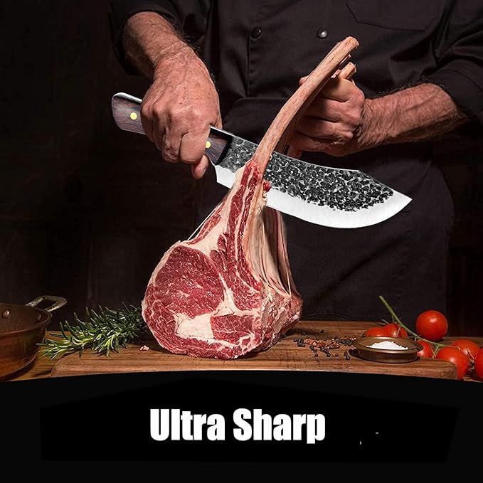 ROCOCO Butcher Knife for Meat Cutting Hand Forged 7" Sharp Full Tang Kitchen Meat Cleaver Cooking Knives for Home Outdoor Camping BBQ Christmas Father's Day Gift Idea Men