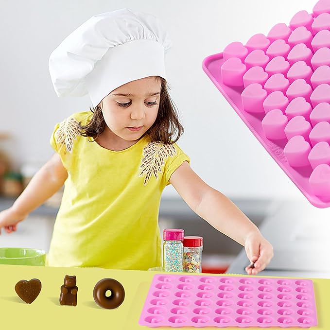 Gummy Candy Molds, 4 Pcs Silicone Chocolate Molds with 4 Droppers, Non-stick Candy Molds for Caramels, Ganache, Ice Cubes, Bone Bear Donut Heart Shape Included