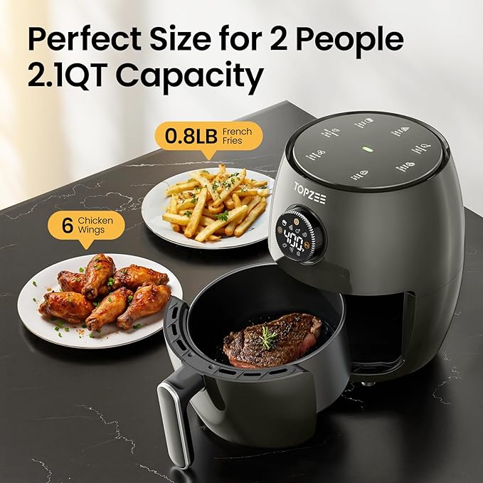 Small Compact Air Fryer, 2.1QT, 4-in-1 Small Mini Airfryer, Bake, Roast, Reheat, 98% Less Oil, Adjustable Temperature Control w/ 60min Timer, Quiet, Nonstick & Dishwasher Safe, BPA-Free, Grey