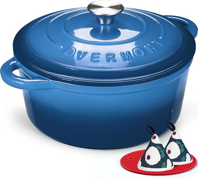 Overmont Enameled Cast Iron Dutch Oven - 5.5QT Pot with Lid Cookbook & Cotton Potholders - Heavy-Duty Cookware for Braising, Stews, Roasting, Bread Baking blue