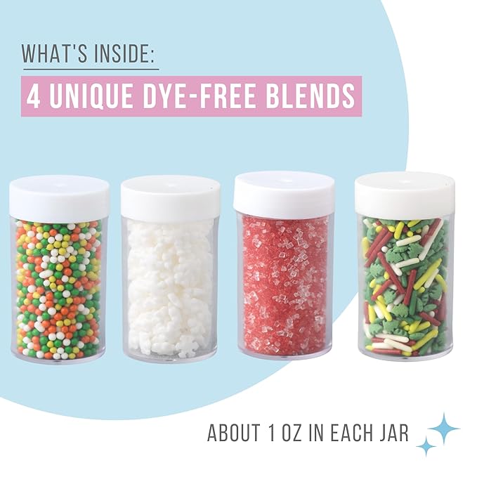 Sweets Indeed Dye-Free Holiday Sprinkle 4-Pack – 3.35 oz | Natural Christmas Sprinkles with Nonpareils, Sugar Crystals, Snowflakes & Festive Sprinkle Mix in Individual Jars | Holiday Baking Decorations