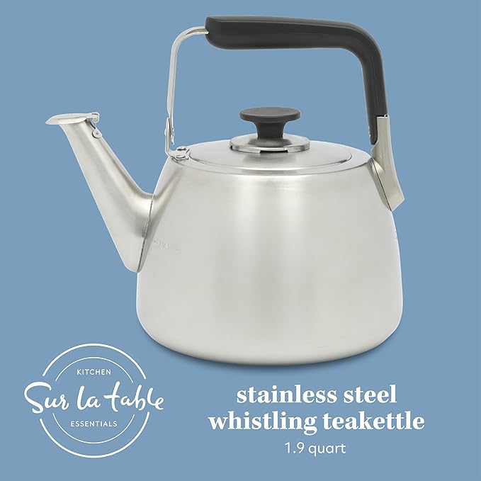 Sur La Table Kitchen Essentials 2 Qt Heavy Gauge Brushed Stainless Steel Whistling Tea Kettle – Durable Stovetop Kettle