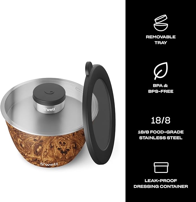 S’well Stainless Steel 64oz Salad Bowl Kit, Teakwood Finish, Includes 2oz Condiment Container and Removable Tray, Leak-Proof and Easy to Clean, Dishwasher Safe