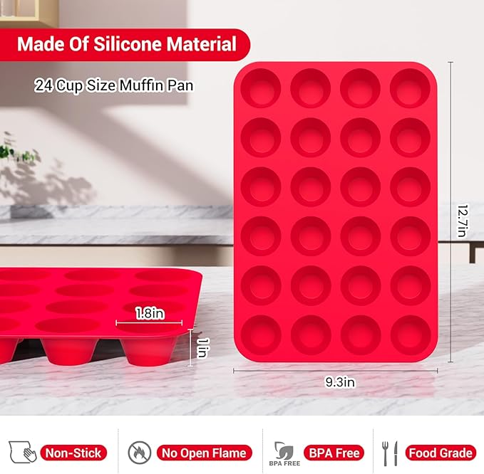 Redfly 24-Cup Silicone Mini Muffin Pan – 2 Pack Cupcake & Muffin Baking Tin Cupcake Pans