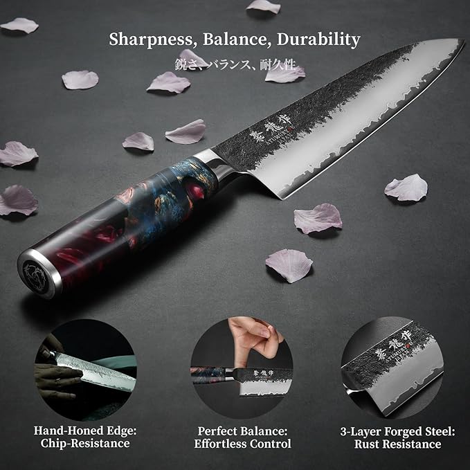 Japanese Chef Knife, 8 Inch Hand Forged Kitchen Knives with VG10 Steel, Professional Gyuto Knife for Home & Restaurant, Sanmai Chefs Knives with Ergonomic Red Handle, Cooking Gifts for Men Women