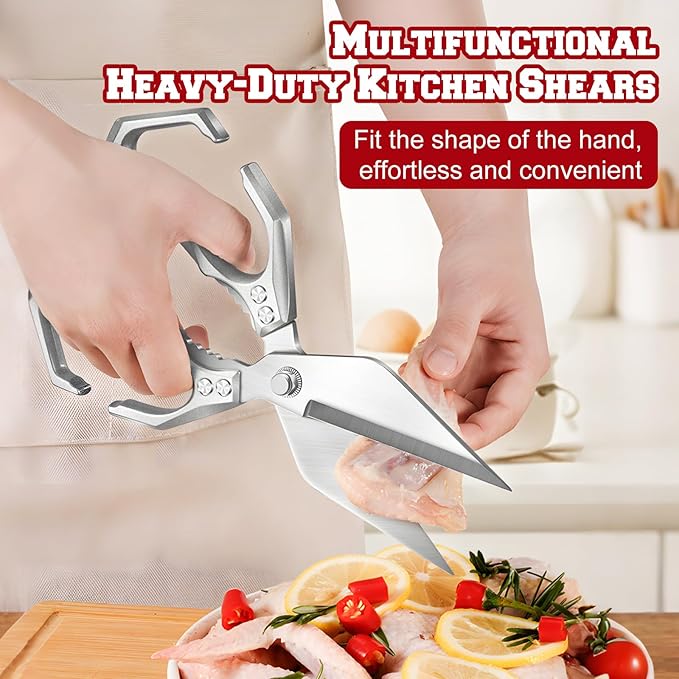 Multifunctional Heavy-Duty Kitchen Shears, Heavy Duty Kitchen Scissors for Food with Ergonomic Handle,Stainless Steel Culinary Shears for Chicken Meat Seafood Bone Cutting,Cooking Accessories (Red)