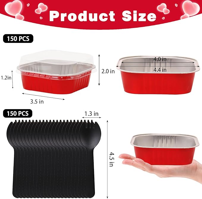 FORBFAN 8 oz Mini Disposable Cake Pans with Lids, 150 Pack Aluminum Foil Square Baking Cups with Spoons, Disposable Baking Cake Tins Red