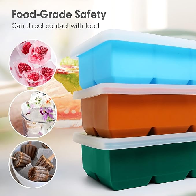 Silicone Ice Cube Trays 3 Pack - Large Size Silicone Ice Cube Molds with Leak Proof Removable Lid Square Ice Cube Tray And BPA Free for Cocktail,Whiskey, Stackable Flexible Ice
