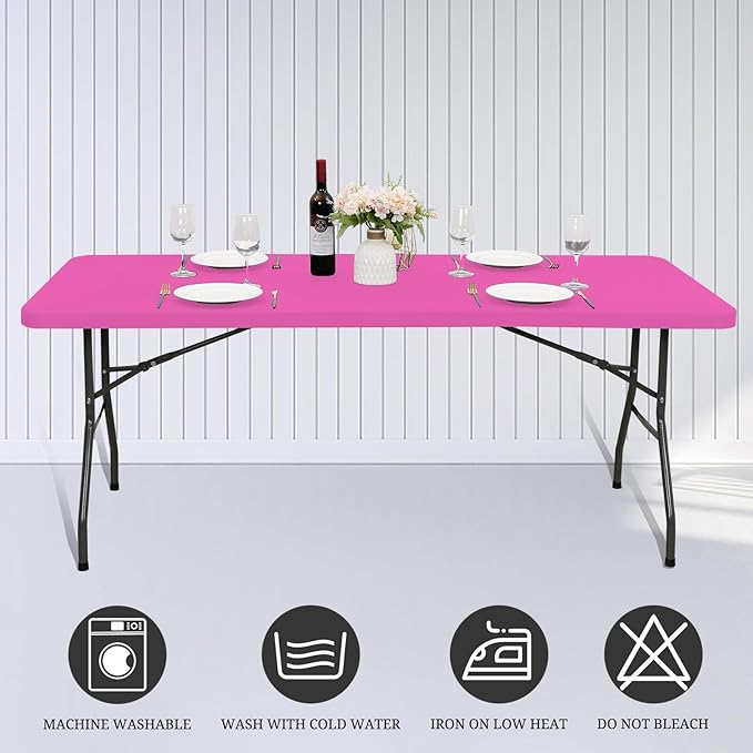 6 Pack Fitted Tablecloth for 8 Foot Rectangle Tables, Hot Pink Elastic Outdoor Picnic Table Cover, Washable Stretch Folding Table Cloths 8 ft for Camping Party Patio Kitchen Banquet, 30" W x 96" L
