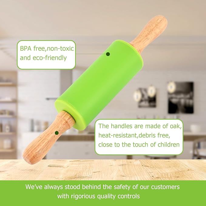 Mini Silicone Rolling Pin for Kids, Non-stick Surface Wood Handle, 9 Inch 1 Pack Red