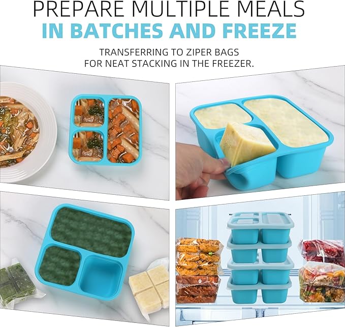 BPA-Free Silicone Freezer Molds, Leak Proof Stackable,1/2-Cup and 1-Cup Portion Control Soup Cubes Freezer Tray with Lids for Meal Prep, Broth, Stews, Leftovers(Blue 2 Pack)