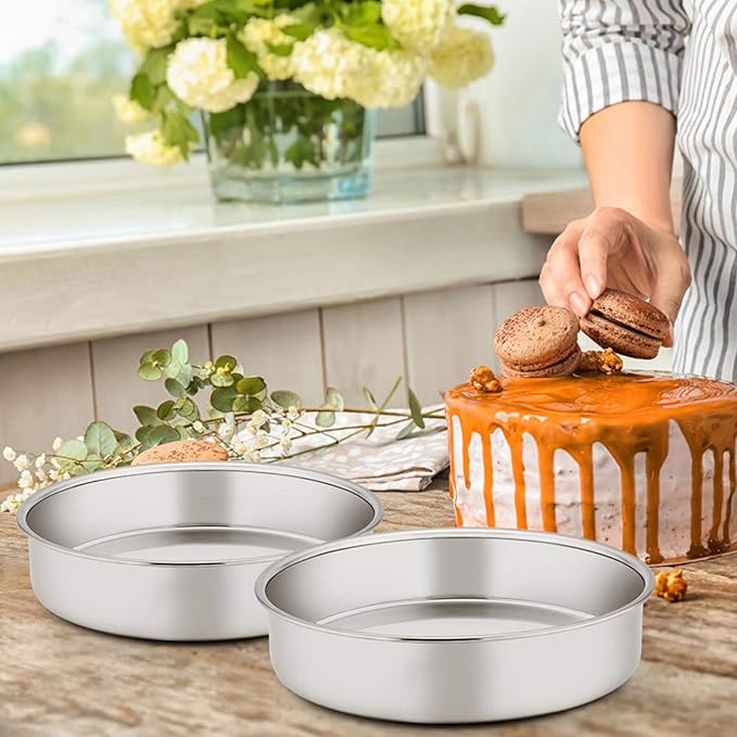 E-far 9½ Inch Cake Pan Set of 2, Stainless Steel Round Cake Baking Pans, Non-Toxic & Healthy, Mirror Finish & Dishwasher Safe