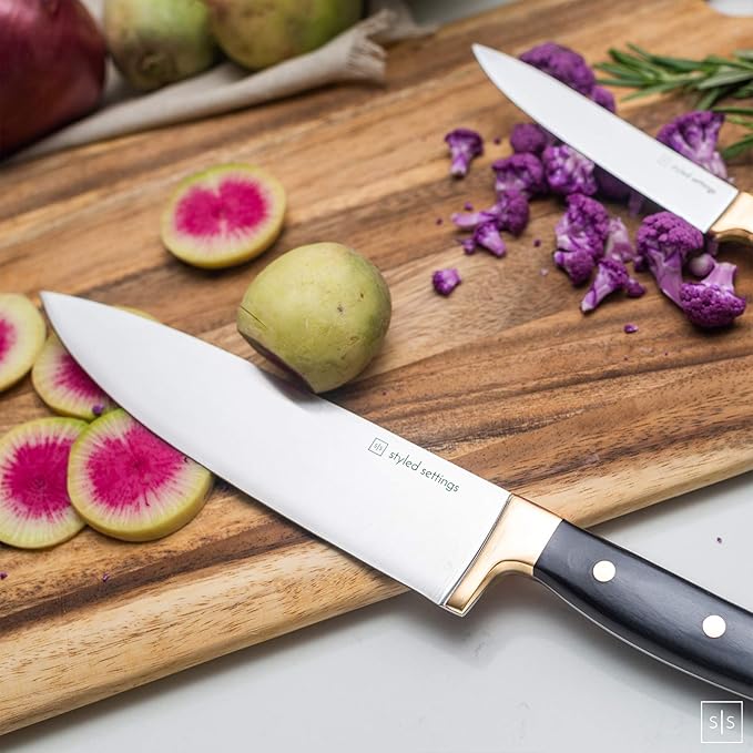 Black and Gold Knife Set with Block - 6-Piece Luxe Kitchen Knives with Block and Sharpener - Modern Black and Gold Kitchen Accessories for Stylish Cooking