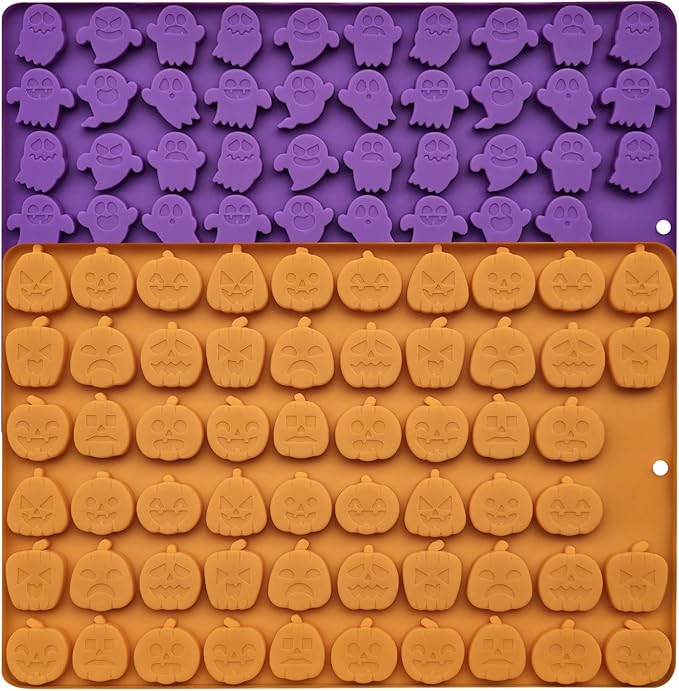 Halloween Silicone Mini Candy Molds, Mini Pumpkin and Ghost Molds, Silicone Treat or Trick Molds for Halloween Candy, Chocolate, Gummy, Cookies, Jelly, Set of 2