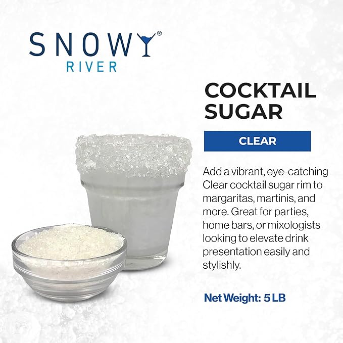 Snowy River Clear, Cocktail & Margarita Sugar Rimmer - Vibrant Naturally Colored Sugar for Cocktail Rimming, Baking & Decorating, Medium Crystal - 80oz