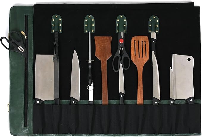 Leather Knife Roll Storage Bag, Elastic and Expandable 10 Pockets, Adjustable/Detachable Shoulder Strap, Travel-Friendly Chef Knife Case (Copper, Leather)