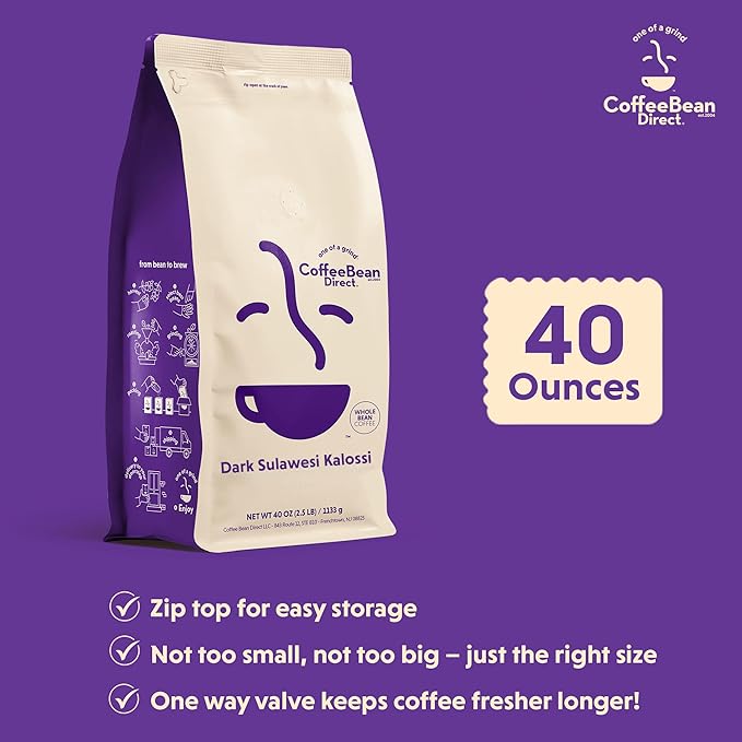 Coffee Bean Direct Dark Sulawesi Kalossi, Whole Bean Coffee, Arabica Coffee, Dark Roast, 2.5 Pound Bag (Pack of 1)