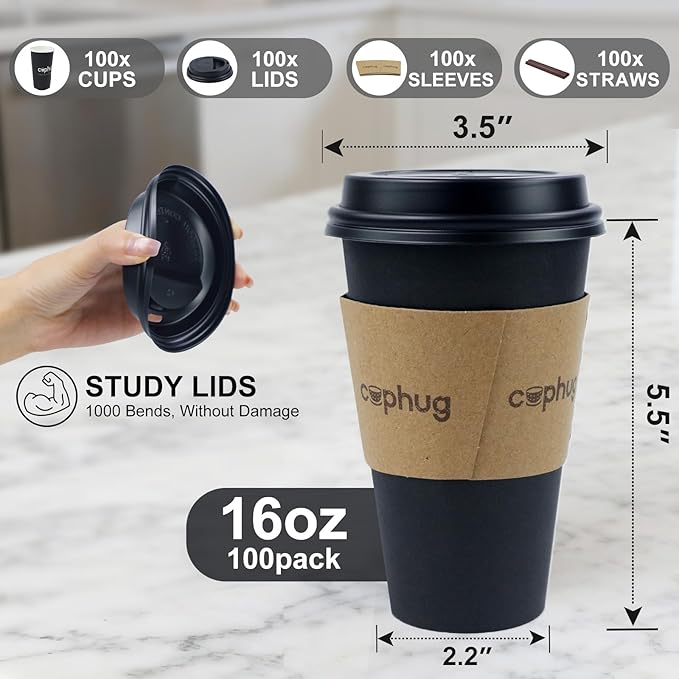 100 Pack 16 oz Coffee Cups,Disposable Hot Drink Paper Cups with Lids & Sleeves - 16 Ounce Black Party Cups Perfect for Hot Beverages, Party, Office, and Home Use