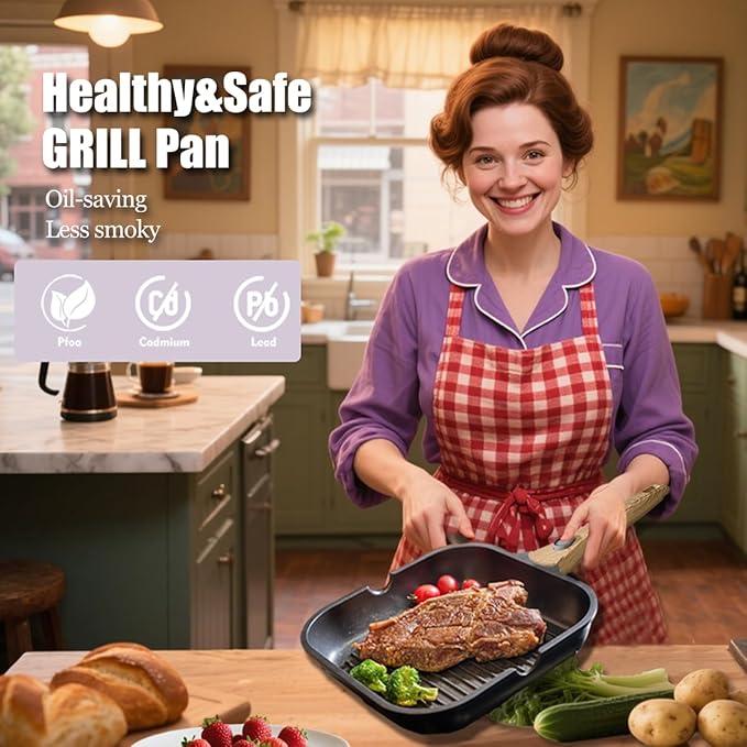Nonstick Square Grill Pan for Stove Tops, Detachable Handle Griddle Pan,9.5inch Remove Handle Grill Pan with Pour for Cooking,Induction,Gas,Non Toxic,PFOA Free(Granite, Square-9.5inch)