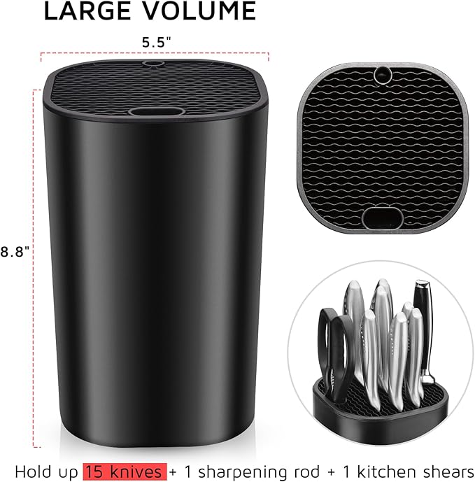 Universal Knife Block for Kitchen, WELLSTAR Knife Holder without Knives, Safe Space Saver Large Volume Stable Knife Storage with Scissors and Sharpening Rod Slot, Detachable for Easy Cleaning - Black