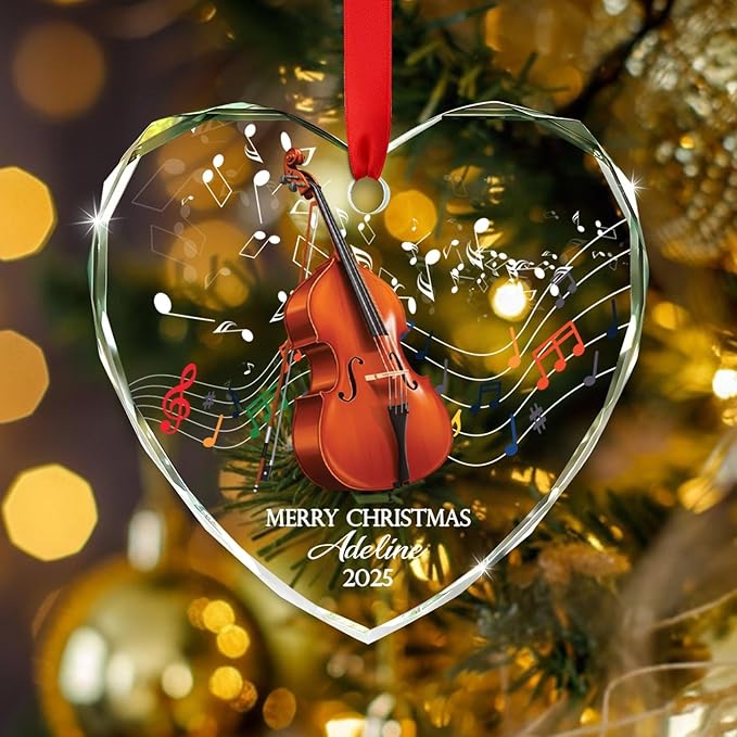 Personalized Contrabass Musical Instrument Glass Ornament, Customized Text Year Name Contrabass Player Ornaments Gift for Double Bass Lover Daughter Son, Best Double Bassist Glass Christmas Ornament