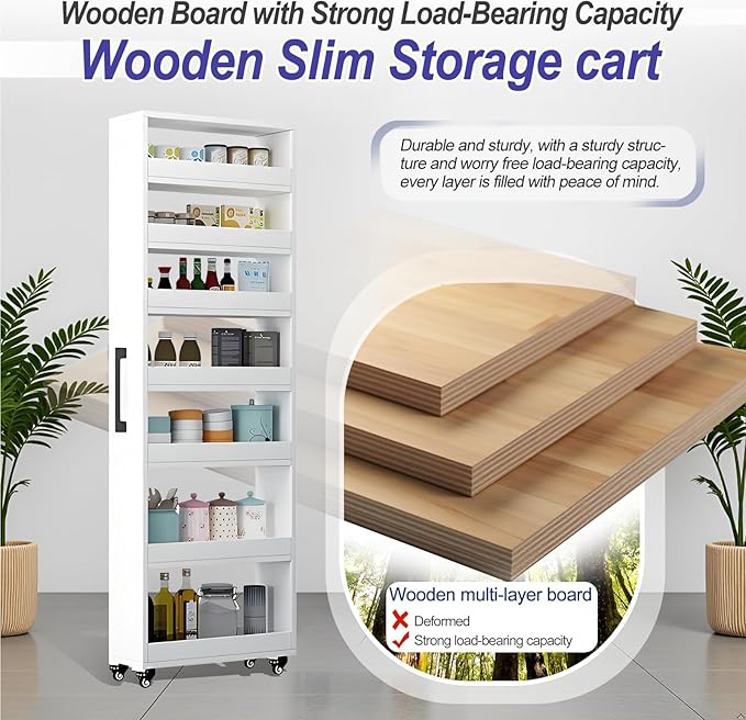 7-Tier Slim Storage Cart, Wooden Rolling Pantry Cabinet with Wheels, Narrow Shelf Organizer for Kitchen, Bakers Rack, Dining Room, Closet, Small Spaces Teak 47.2" H*9.8" W*23.6" D