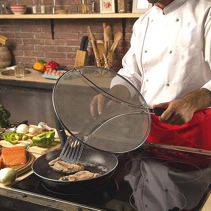 Grease Splatter Screen for Frying Pan 13 inch - Stops 99% of Hot Oil Splash - Protects Skin from Burns - Splatter Guard for Cooking - Iron Skillet Lid Keeps Kitchen Clean, includes Silicone Spatula