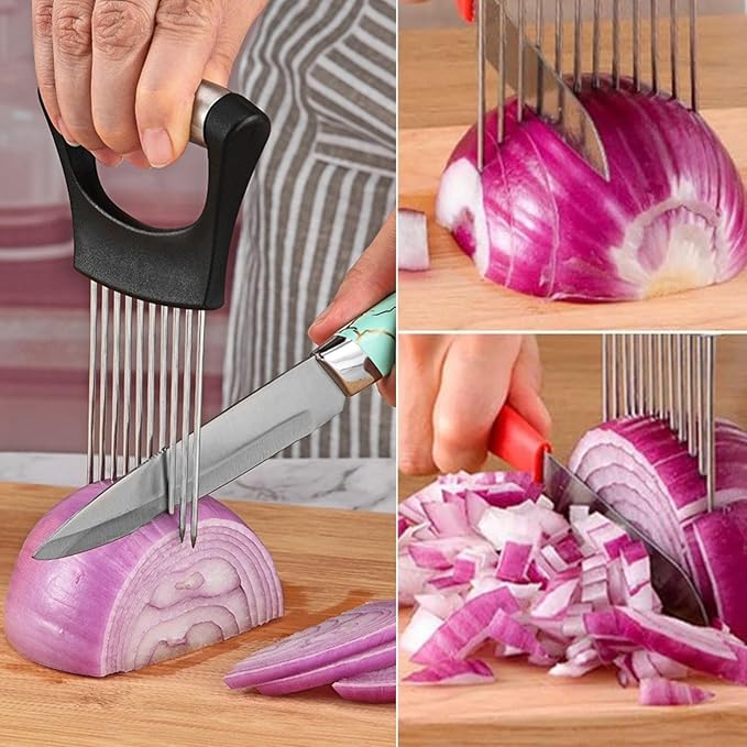 Stainless Steel Onion Holder for Slicing, Lemon Slicer Onion Cutter, Vegetable Cutter for Potato and Tomato, Avocados, Eggs, Food Slicer Assistant Tool for Fruit and Meat