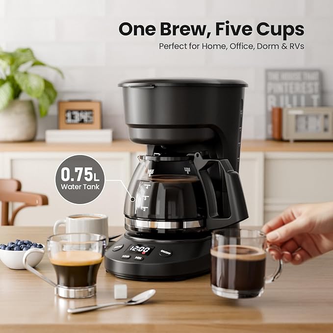 Kismile Compact Coffee Maker with LED Display, Small Drip Coffee Machine with Anti-Drip System, Timer, Auto Shut-Off, Dry-Boil Protection, Removable Funnel, Ideal for Home & Office (Black)