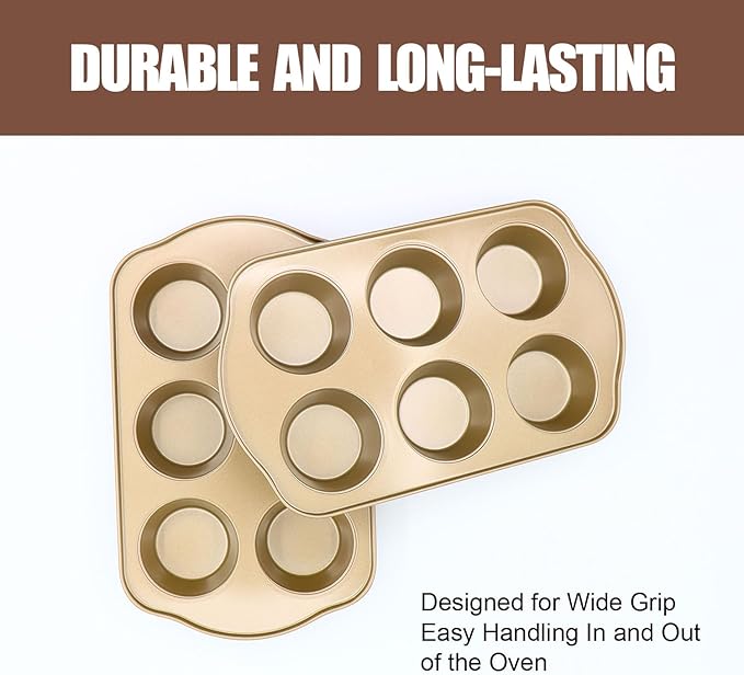 Nonstick 6 Cup Standard Muffin Pan, Cupcake Pan Set, Muffin Tins for Oven, 2 Pack, Gold