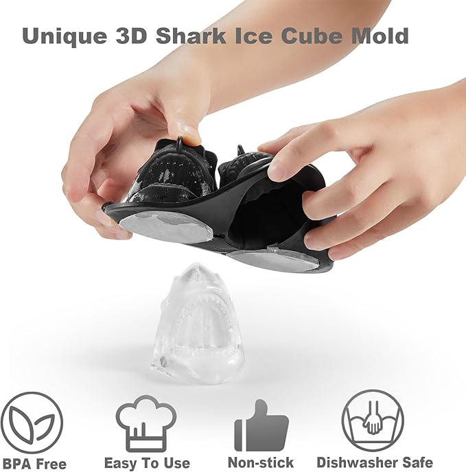 Shark Ice Cube Tray Fun Shapes, Odd Novelty Cute Shark Gifts, 2.2" Large Silicone Whiskey Ice Mold for Cocktails,Bourbon,Brandy, w/Funne
