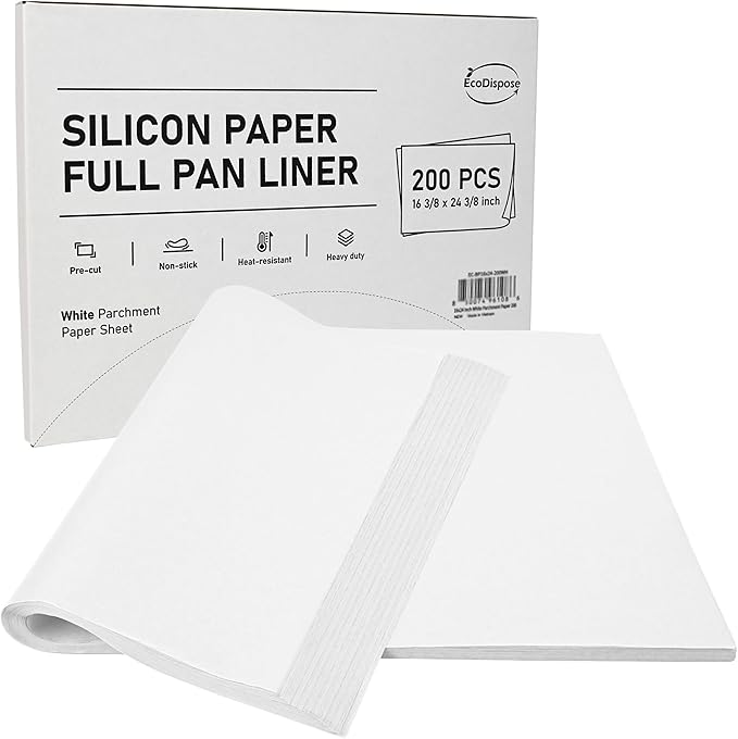 EcoDispose Non-Stick Precut Parchment Paper Baking Sheets Full Pan liner for Bake (16-3/8" x 24-3/9",White,200PCS)