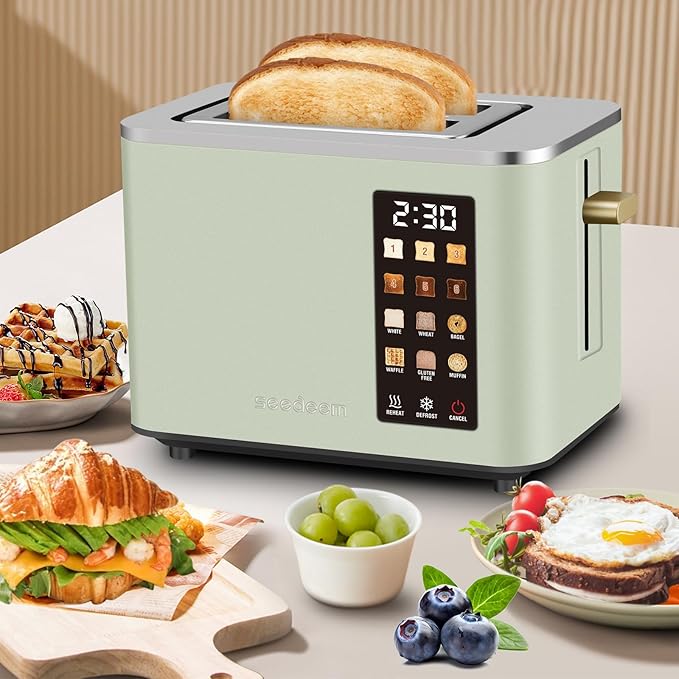 SEEDEEM Toaster 2 Slice, Touch Control Screen, Smart Stainless Toaster, 6 Shade Setting, 6 Bread Selection, Countdown, Removable Crumb Tray, 900W, Mint Green