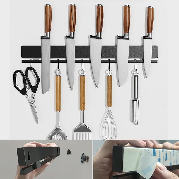 YIIYIIN 17 Inch Magnetic Knife Holder for Wall No Drill,Adhesive Knife Magnetic Strip with 12 Hooks,Kitchen Double Rods Stainless Steel Magnetic Utensil Holder(Black)