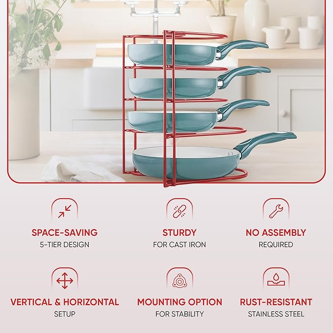 Heavy-Duty Pots and Pans Organizer | 5-Tier Cookware & Lid Storage Rack | Free-Standing or Wall-Mount | Kitchen Organizer for Cast Iron Skillets, Pots, Frying Pans, Lids | Red
