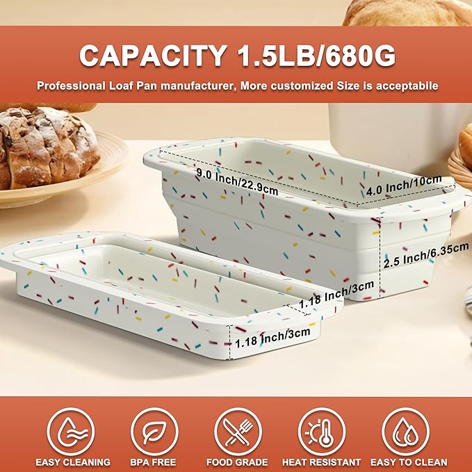 2 Packs Collapsible Loaf Pan,Silicone Bread Pan,Sturdy Loaf Pans for Baking Bread 9 x 5, Easy Release Loaf Pan, Great for Cakes, Brownies, Dishwasher Safe (9"x4"x2.5", Off-white, 2 Pieces)