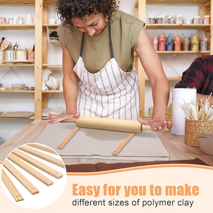 Newtay 12 Pcs Pottery Tools Include 1 Wood Rolling Pin Sculpting Polymer Clay Tools 1 Portable Pottery Wedging Board/Linen Tablecloth and 10 Pcs 5 Size Teaching Rolling Mud Stick Guide (Tablecloth)