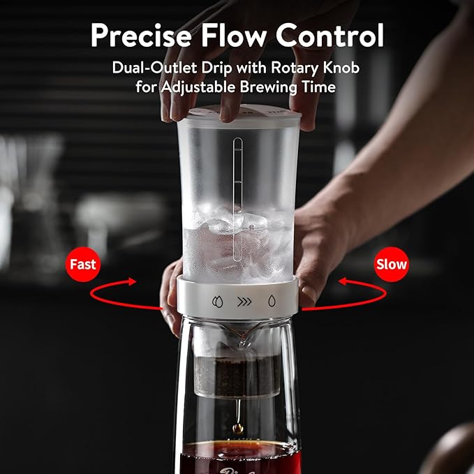 Bincoo Drip Cold Brew Coffee Maker,450ml High Borosilicate Glass Ice Drip Coffee Brewer,Adjustable Dual-Outlet Drip Speed, Constant Pressure Brewing