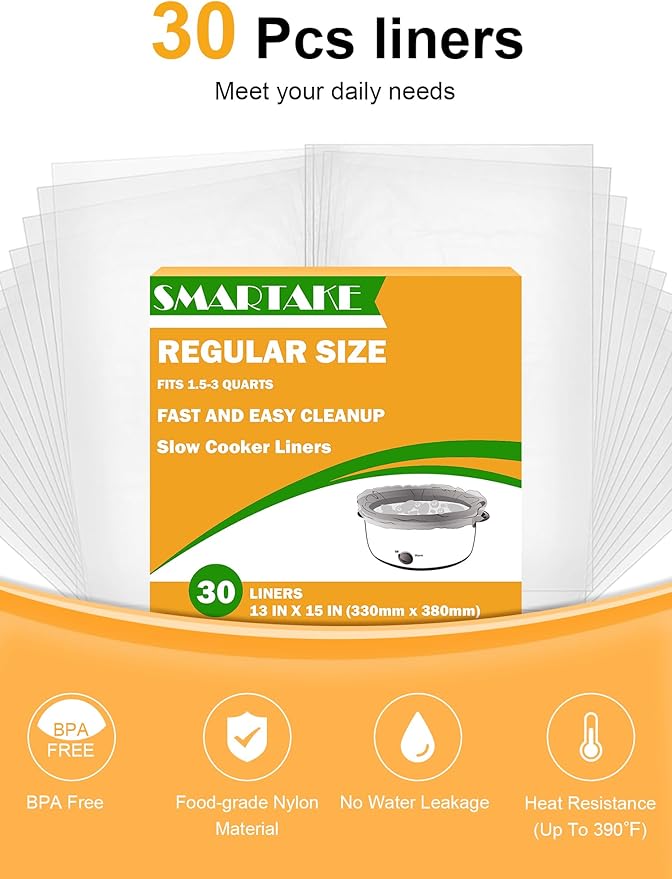 SMARTAKE Slow Cooker Liners, Small Size 13"x 15" Disposable Cooking Bags, Fit 1.5QT to 3QT for Slow Cooker, Cooking Trays, Suitable for Oval & Round Pots, 30 Liners