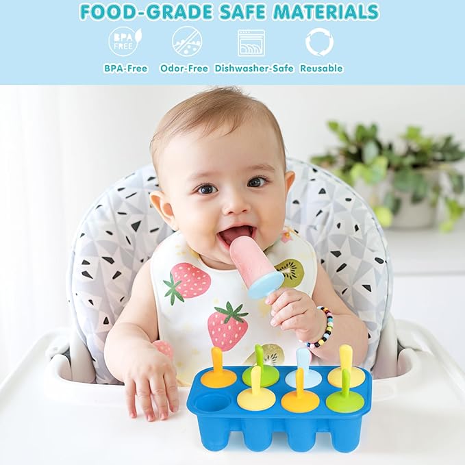 Miaowoof Silicone Popsicles Molds for Toddlers, 8-Cavity Non-BPA Premium Silicone Small Popsicle Molds, Ice Pop Mold with 8 Colorful Reusable Sticks for Kids (Blue)