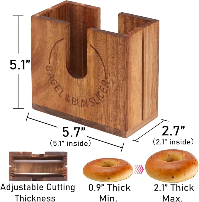 Large Adjustable Bagel Slicer Holder | Acacia Wood Bagel Cutting Holder with Width-Adjustable Slots for Small & Large Bagels, Buns & English Muffins, Knife Groove & Non-Slip Base