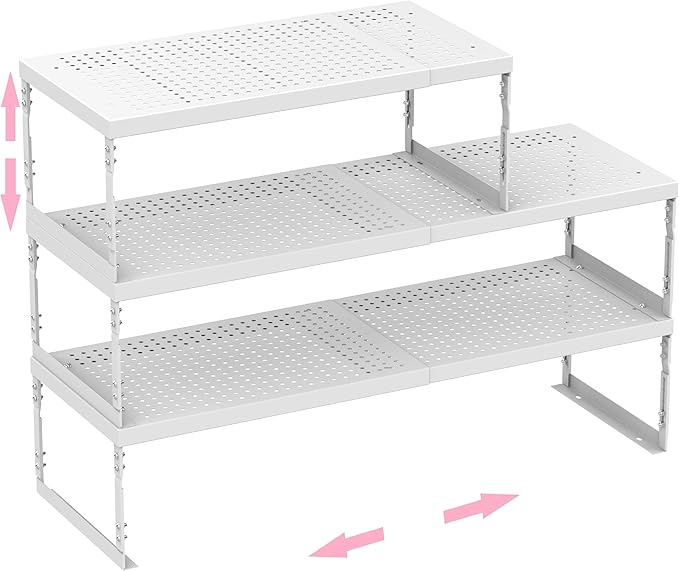 Stackable Expandable Metal Shelf Organizer - Adjustable Wire Storage Rack with Holes for Kitchen, Bathroom, Cabinet, Office - Space Saving, Durable & Sturdy Design（3PACKS/Medium/White
