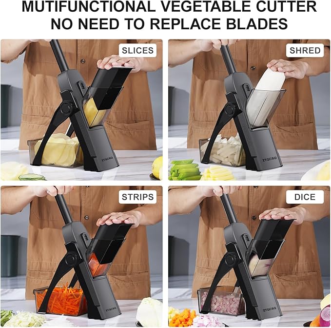 5 in 1 Safe Mandoline Slicer for Kitchen, Safe Vegetable Chopper, Paring Knife, Adjustable Thickness, Easy to Clean, Vegetable Slicer, Slicing, Strips, Shredding, Dicing, Chop (Black Knight)