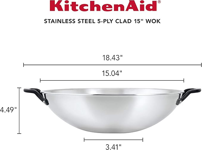 KitchenAid 5-Ply Clad Polished Stainless Steel Wok, Induction Compatible, Dishwasher Safe, 15 Inch Open Stir-Fry Pan