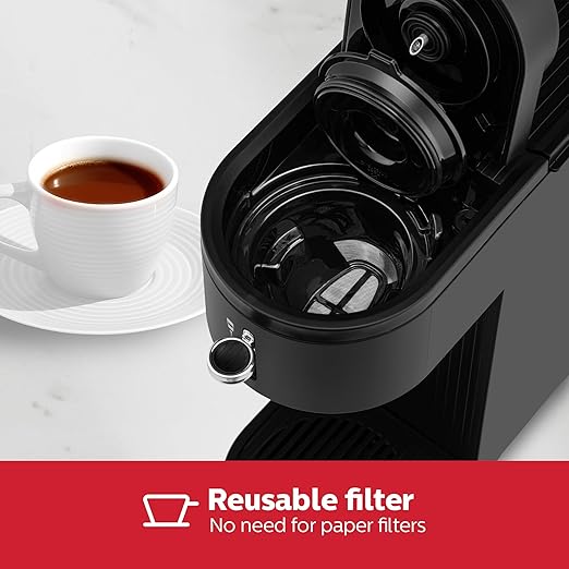 Holstein Housewares 2-in-1 Single Serve Coffee Maker, Dual Brew, Compatible with K-Cup Pods & Ground Coffee, Reusable Filter Included, Compact Drip Coffee Machine, 14oz Tank, Fits Most Cups - Black